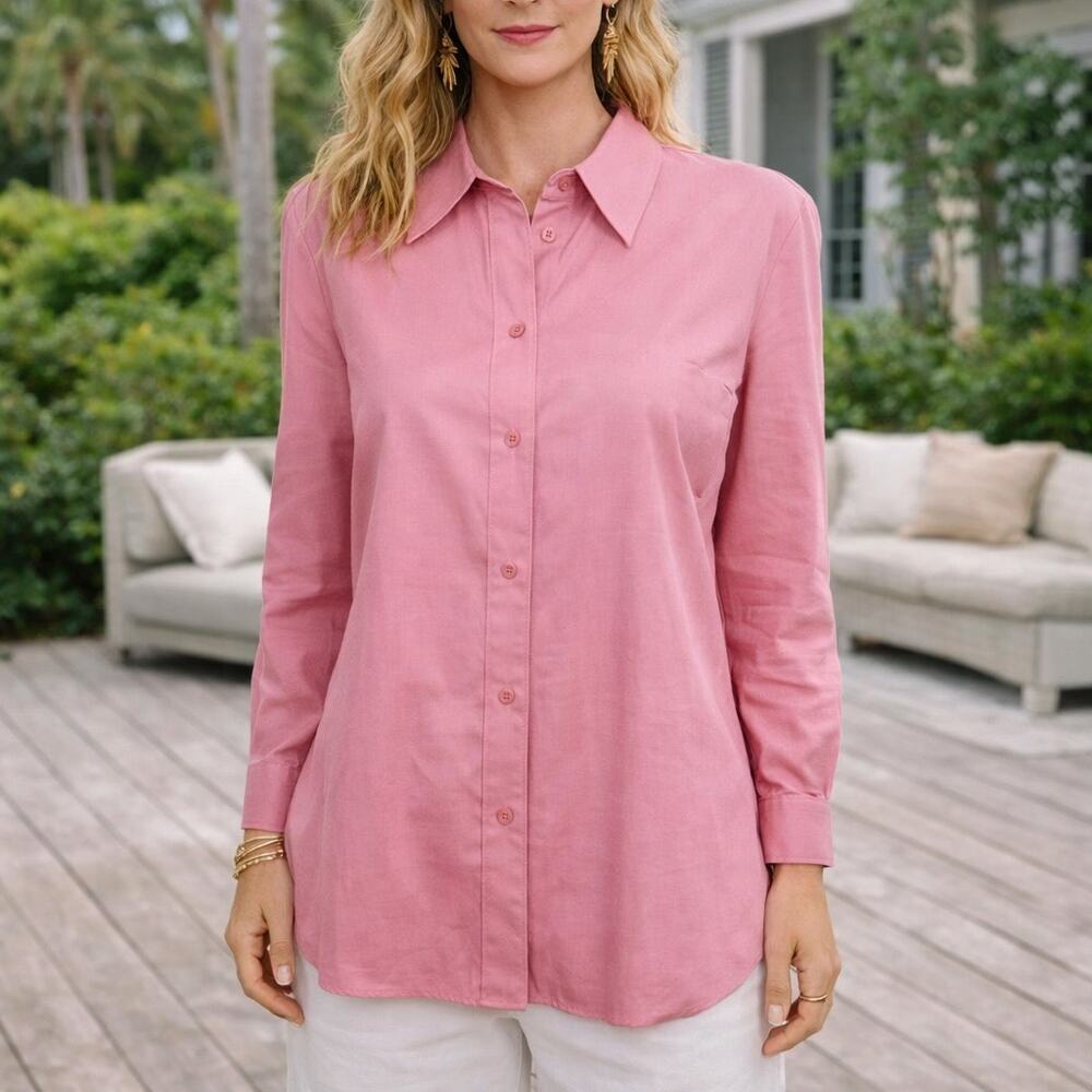 Talbots Rose Pink Cotton Button Front Vintage Top Lg